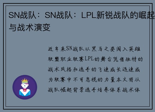 SN战队：SN战队：LPL新锐战队的崛起与战术演变