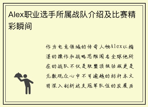 Alex职业选手所属战队介绍及比赛精彩瞬间